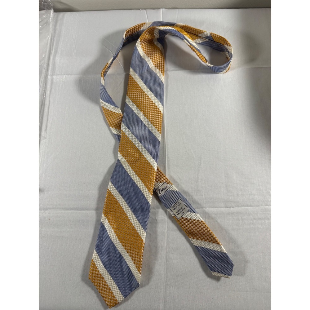 Robert Talbott Estate Mens Silk Tie Gold Blue White Stripe Hand Made in USA